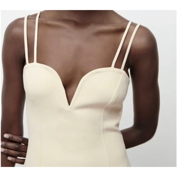 ZARA Cream V Neck Spaghetti Strap Sweetheart Mini Dress Size L - Picture 5 of 13